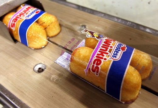 Hostess Twinkies move through the packaging process.